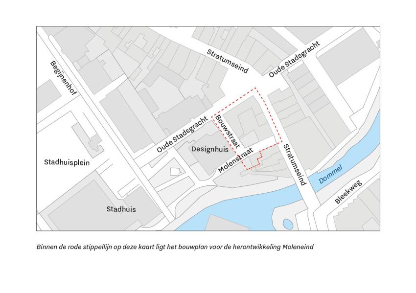 Kaartje van het gebied, dat loopt tussen de Molenstraat, de Bouwstraat en Stratumseind.