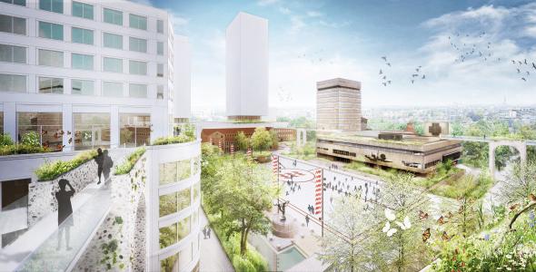 Deze afbeelding geeft een toekomstbeeld van het Stadshuisplein weer.