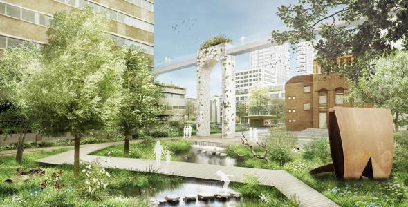 Op deze afbeelding is een toekomstweergave van de Dommeltuin te zien