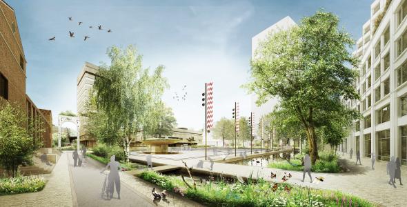 Deze afbeelding geeft een toekomstbeeld van het Stadhuisplein weer.